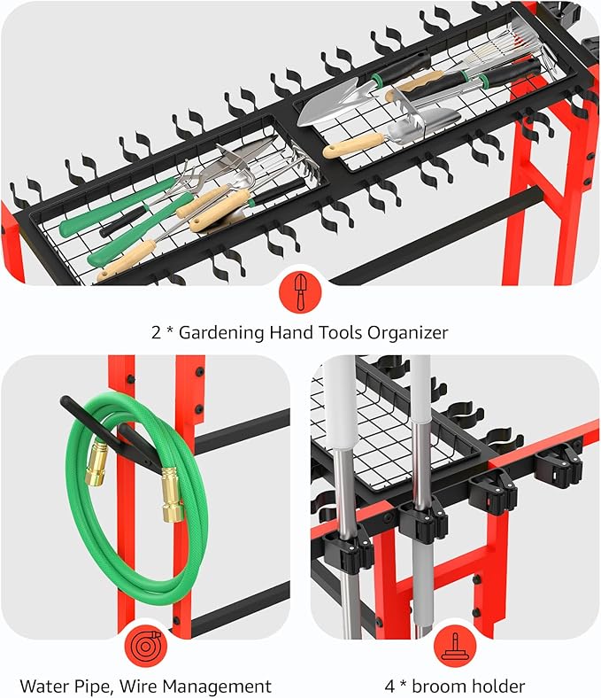 CCCEI Garage Organization with Wheels, Outdoor Gargen Yard Shed Tools Organizer Cart, Home Storage for Cleaning Supplies, Broom Holder, for Shovel and Rake, Long Farming and Farming Tools, Red.