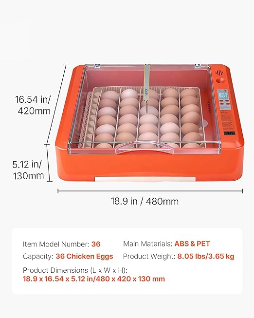 VEVOR 36 Egg Incubator, Automatic Egg Turner with LED Candler & Water Tray, Temperature & Humidity Control, 360° View Clear Window, Poultry Eggs Incubators for Hatching Chicks Ducks Goose Quails
