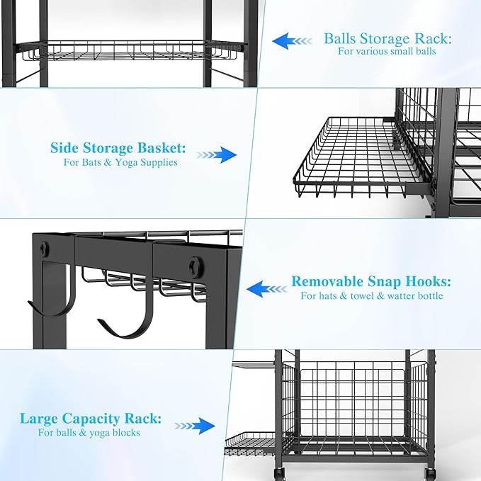 Sports Equipment Garage Organizer,Garage Ball Storage Rack for Sports with Wheels-Upgraded 3 Layers Sports Organizer Rack Outdoor Basketball Racks for Balls with Holder and Hooks