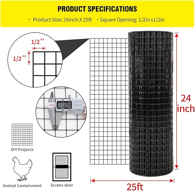 24'' x 25' 1/2inch Hardware Cloth 19 Gauge Black Vinyl Coated Welded Fence Mesh for Home and Garden Fence and Home Improvement Project