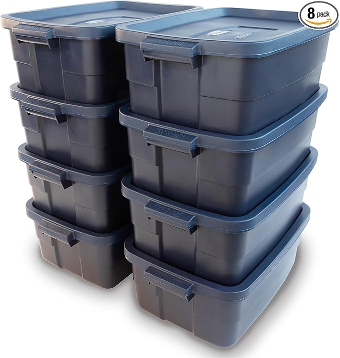 Rubbermaid Roughneck Tote 10 Gal, 8 Pack, Made in USA, Dark Indigo Metallic, Rugged Plastic Stackable Storage Bins with Lids and Handles