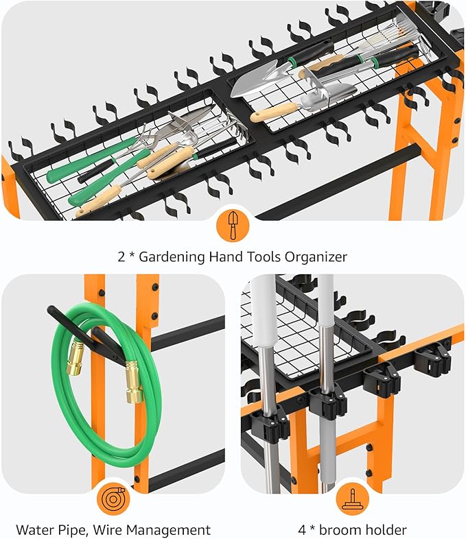 CCCEI Garage Organization with Wheels, Outdoor Gargen Yard Shed Tools Organizer Cart, Home Storage for Cleaning Supplies, Broom Holder, for Shovel and Rake, Long Farming and Farming Tools, Orange.