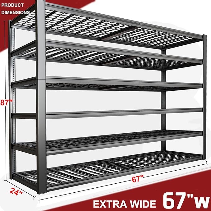 67" W Garage Shelving Heavy Duty, Adjustable 6 Tier Metal Shelves, Commercial Metal Shelf Rack, Industrial Shelving