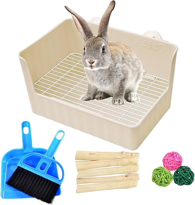 Hamiledyi Corner Litter Box for Rabbit Cage Bunny Litter Box with Grate Square Rabbit Potty Training Litterbox Plastic Guinea Pig Toilet Training Box for Cage (Brown)