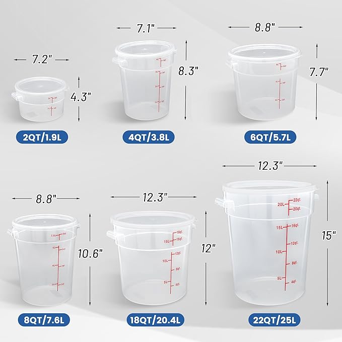 4 Pack 6QT Round Food Storage Containers with Lids, BPA-Free Polypropylene NSF Commercial Food Container, with Labels & Measuring Cup