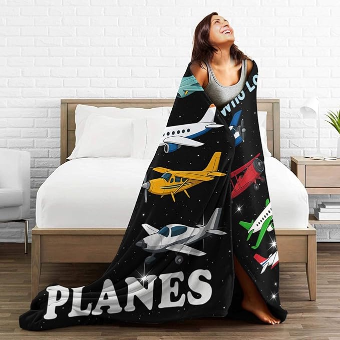 Airplane Fleece Blanket Pilot Plane Throw Blankets for Girls Women Super Soft Warm Flannel Cartoon Planes Throws Gifts for Kids Adults Cozy Fuzzy Plush Stuffed Couch Bed Bedding Decor 60"X50"