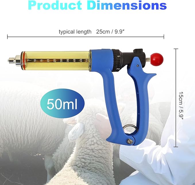 50ML Semi Automatic Livestock Syringe, with Extra 3 Colored Piston Rod Knobs, Adjustable Continuous Repeating Luer Lock Syringe for Cattle Cow Goat Sheep Pig
