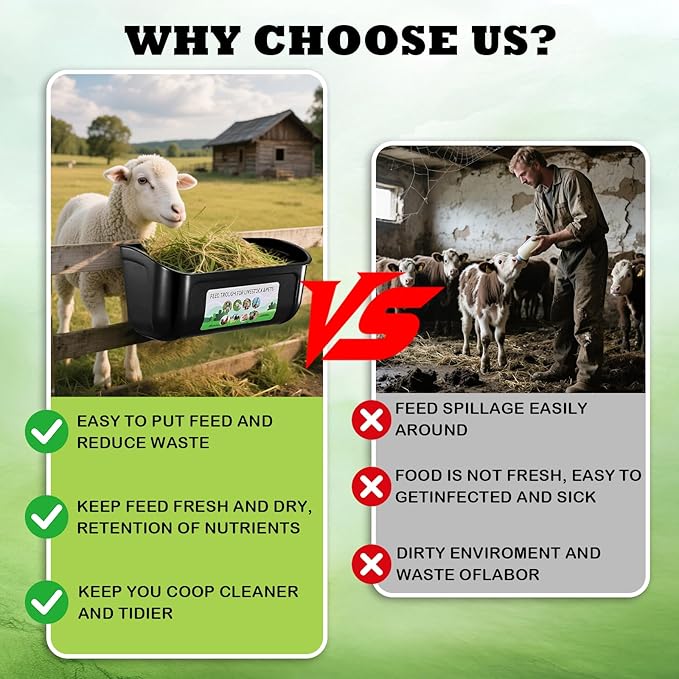 2 Pack Large Goat Feeder, Duck Chicken Feeder Waterer, Hanging Fence Feed Trough with Clips for Goat, Sheeple, Piglet, Gooses, Turkeys, Dog Livestock Poultry, Feed Scoop Included, Black