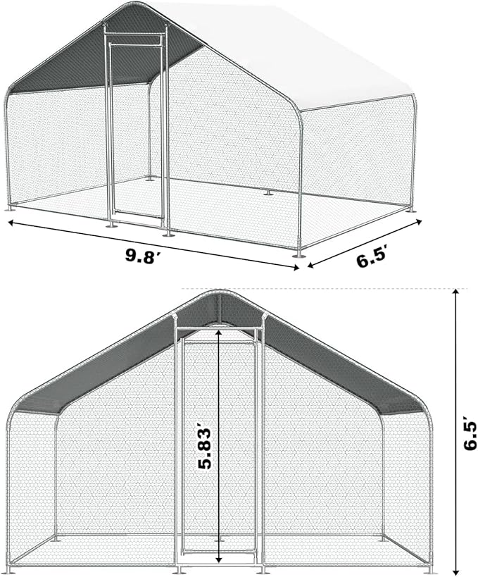Chicken Coop Large Metal Chicken House/Pen for 6/10 Chickens with Waterproof Cover Walk-in Poultry Cage for Chicken Run,Chicken House for Outdoor Farm Use(9.8'Lx6.5'Wx6.5'H)