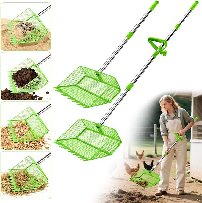 2025 Latest 12inch 2-in-1 Chicken Poop Scooper & Rake with Handle, Heavy-Duty Metal Chicken Coop Scoop for Sand Sifting Shovel Litter Scooper for Farm House Chicken Coop Cleaning Tools Accessories