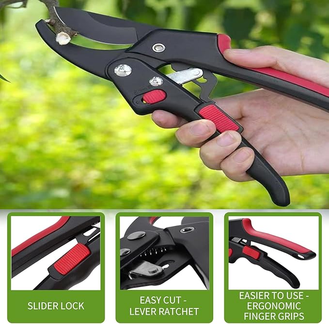 Garden clippers, premium Germany pruners, Work 3 times easier, professional ratchet pruning shears, cutting rose, flower, hedge, stem, tree, Sharp gardening scissors, Arthritis weak hand snips