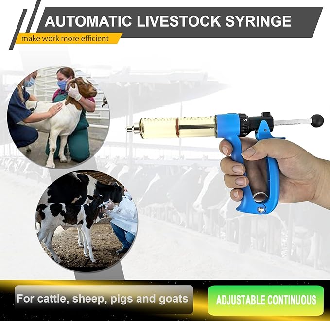 50ML Semi Automatic Livestock Syringe for Cow Goat Cattle Sheep Pig, 5 Gears Adjustable Continuous Repeating Injection, Veterinary Cattle Vaccine Luer Lock Syringe with 2 Tubes