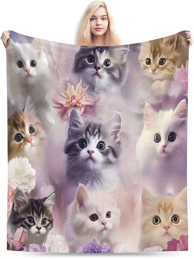 Kawaii Cat Blanket, Soft Plush Fleece Animal Throw Blanket - Cozy Warm Kittern Stuffed Blankets Bedding Cat Gifts for Lover Women Girls Kids Adults 60"X80"