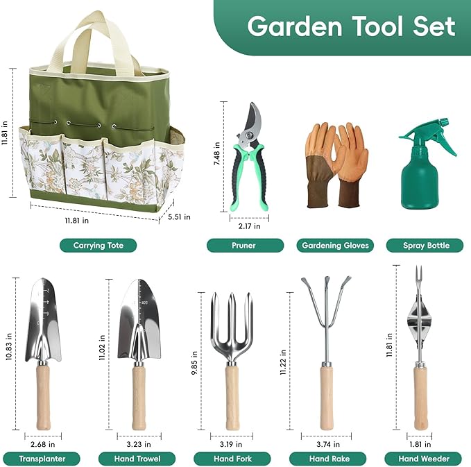 9-Piece Garden Tool Set, Heavy Duty Gardening Hand Tools with Wood Handle, Including Garden Tote, Gloves, Durable Stainless Steel Garden Tools, Gardening Gifts for Women, Mom, Men