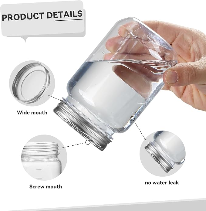novelinks 16 oz Clear Plastic Jars with Screw-On Lids - BPA-Free Refillable Storage Containers for Slime, Food, Crafts, Kitchen & Household Use (20 Pack,Silver)