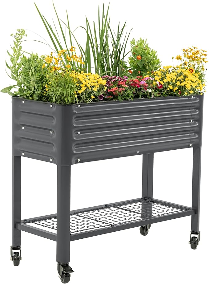 Rolling Elevated Raised Garden Bed - Slim Series, 1.5' x 3.5' Outdoor Planters Boxes with Legs & Storage Rack for Patio, 500 Lbs Weight Capacity, Raised Beds for Gardening Herbs Flowers, Modern Gray