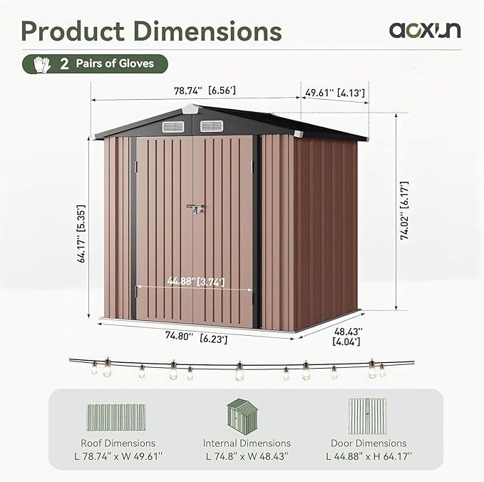 Aoxun 6.2x4 FT Shed with Solar Light Outdoor Storage Shed with Lockable Doors & Slooping Roof Metal Garden Tool Shed for Backyard, Patio, Poolside (Brown)