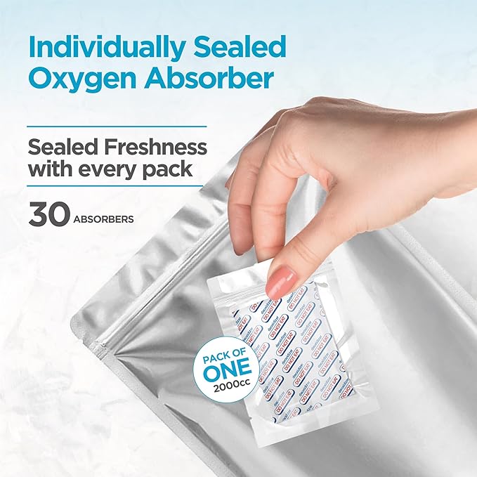 BELLE KR® 30 Pcs 5 Gallon Mylar Bags With Oxygen Absorbers - Perfect Size for Bucket - 11 Mil Thick - With Sticker Labels and Closure Clip - Smell Proof, Zipper Closure Heat Resealable Large Mylar Bag