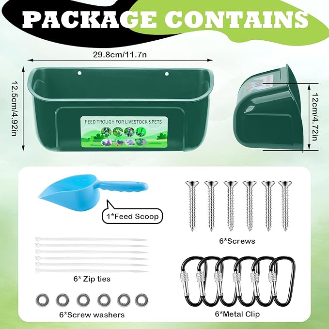 3 Pack Chicken Feeder, Duck Feeder Supplies, Hanging Fence Feed Trough with Clips for Goat, Sheeple, Piglet, Gooses, Turkeys, Dog Livestock Poultry, 8 Quarts in Total, Feed Scoop Included, Green