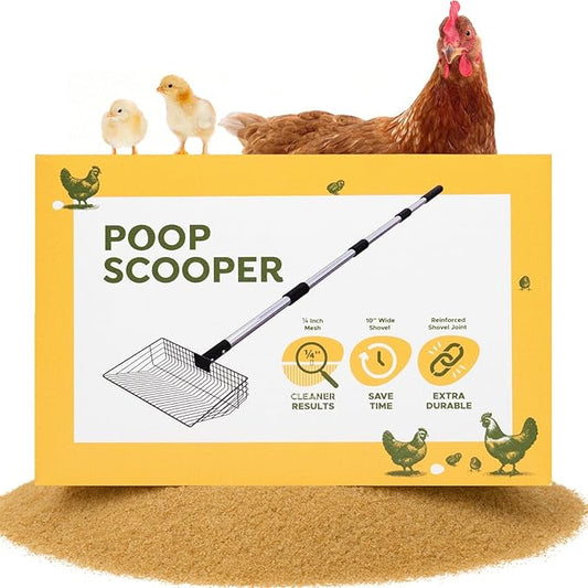 Chicken Poop Scooper for Sand, ¼" Slotted Fine Sifter & Durable Chicken Litter Scoop, Sifting Shovel, Coop Pooper Scooper, Metal Sand Sifter Shovel for Poultry Litter, 2-in-1 Poop Scoop and Rake Tool