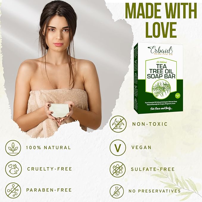 Tea Tree Oil Soap Bar for Face & Body, 4oz –All Natural Remedy Skin Cleanser – Pure Essential Oil Infused Skincare Cleansing Soap for Dirt & Acne - Tea Tree Face & Body Wash Made in USA