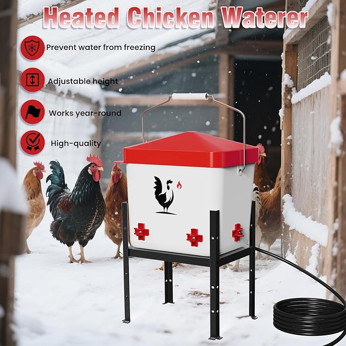 Heated Chicken Waterer, 1.8 Gallon Chickens Poultry Waterer with Nipples, Height Adjustable & Detachable Stand, All-Season Chicken Coop Waterers, Chicken Water Heater (7L, Red Cover)