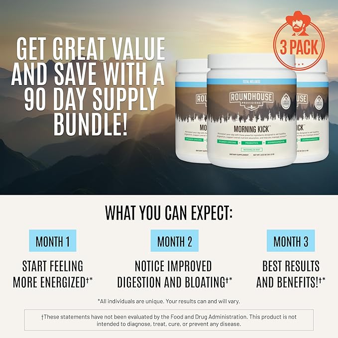ROUNDHOUSE PROVISION Morning Kick by Chuck Norris - Watermelon Mint Flavor - Greens Superfood Powder with Probiotics, Collagen Peptides & Ashwagandha to Help Support Gut & Joint Health, 3 Pack