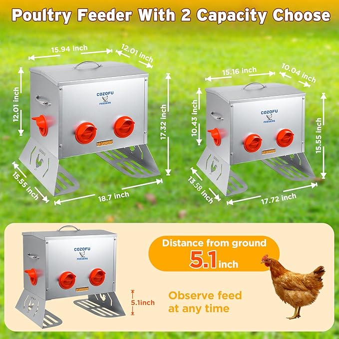 40 Pounds Automatic Chicken Feeder 6 Ports Large Gravity Fed Chicken Feeder with Transparent Window & Handle for Chickens Bantams Pheasants Poultry Coop Weatherproof