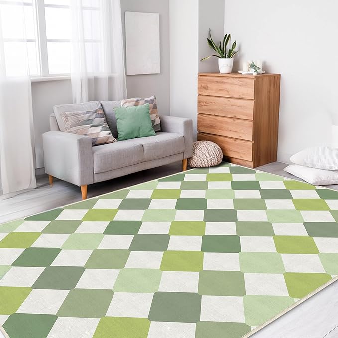 Checkered Washable Area Rugs 5x7 Diamond Non-Slip Modern Soft Large Carpet for Living Room Entryway Bedroom Farmhouse Green