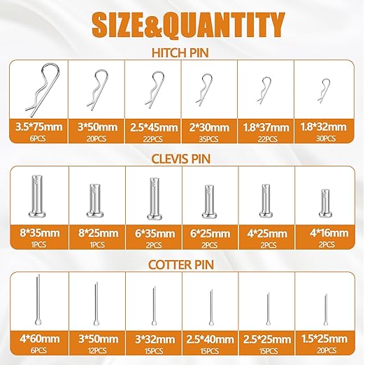 mankk 270PCS Heavy Duty Hitch Pins Clip Pins 3 Point Assortment Kit Tractor Pins Linch Pins PTO Pins R Clip Pins Hair Pins,for Farm Tractors Trailers Trucks Attachments Lawn Mowers