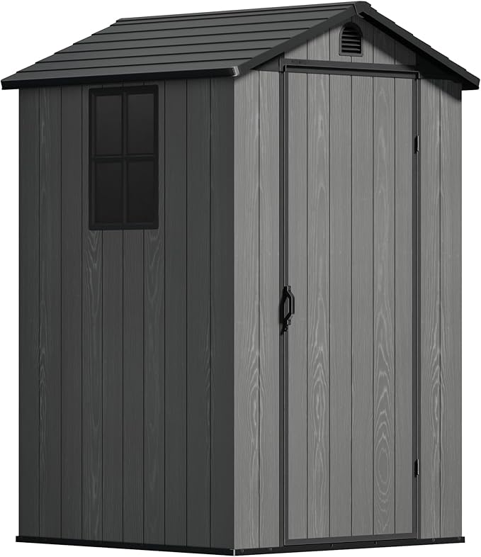 Devoko 4x4 FT Outdoor Shed, Compact & Secure Plastic Resin Storage with Lockable Door, Features Built-in Floor & Window for All-Weather Garden, Patio, and Poolside Organization, Deep Gray
