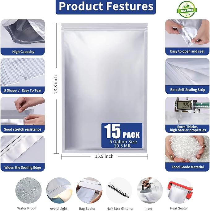 15 Pcs 5 Gallon Mylar Bags with 15 Pcs Individually Wrapped 2500CC Oxygen Absorbers for food storage, Zipper Resealable Heat Sealable Bags,24 Labels & 20 Pcs 1/2 Pint Mylar Bags(4 Colors)