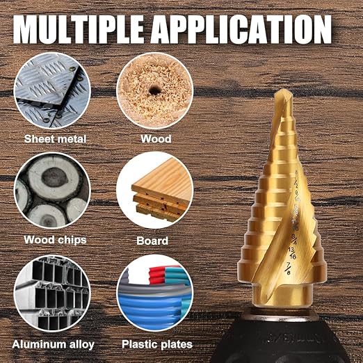 COMOWARE 3PCS Titanium HSS Step Drill Bit Set with 1/4" Hex Shank, Automatic Center Punch, Two-Flute Impact Design, Ideal for Metal, Stainless Steel, Wood, Plastic