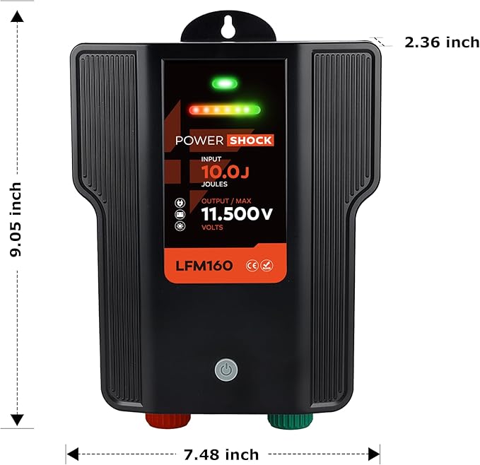Electric Fence Charger AC DC Powered 65 Miles 200 Acres, 110 Volt 2 Joule Plug-in Electric Fence Energizer, Output Voltage Max 12 kV for Livestock, Preventing Predators from Intruding