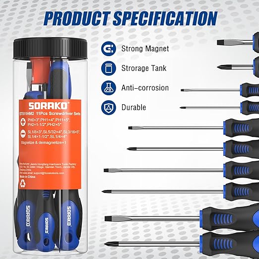 SORAKO 11-Piece Magnetic Screwdriver Set, 5 Phillips and 5 Slotted Tips, Include Magnetizer, Screwdriver with Professional Non-Slip Grip, for Home Repair and DIY Projects，With Case