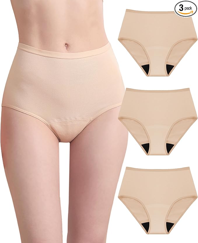 Womens Washable Incontinence Underwear Bladder Leak Proof Odor Control Briefs 56 ml Absorbency Panties 3 Pack (3 Skin, L)