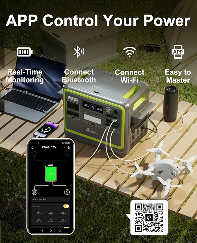 FOSSiBOT F2400 Portable Power Station with 200W Solar Panel, upgraded 2400W Solar Generator&2048Wh LFP (LiFePO4) Battery, 1.5H Fast Charging for Home Backup, Outdoor Camping, RV, Emergency