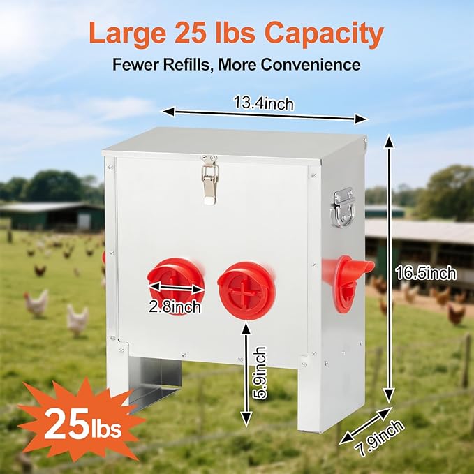 Automatic Chicken Feeder 25lbs, Galvanized Metal Chicken Food Dispenser, Rainproof & Rodent Proof No Waste Poultry Feeder for Backyard Coop, Farm, Ducks & Hens (4 Ports)