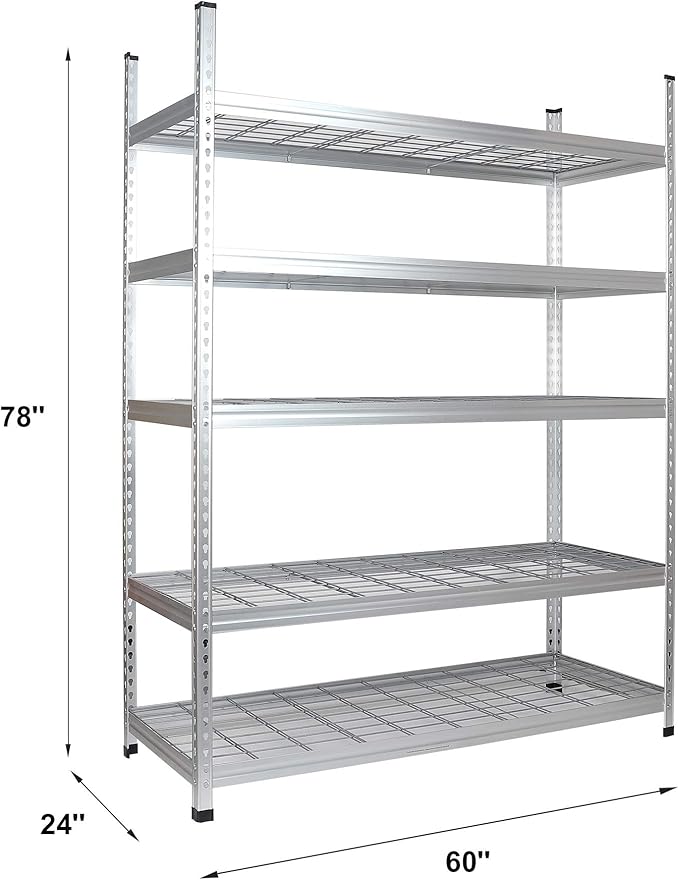 Amazon Basics 4000IBS Heavy Duty Adjustable Storage Shelving Unit, 5 Shelf, High-Grade Aluminum, Silver, 60 x 24 x 78 Inch