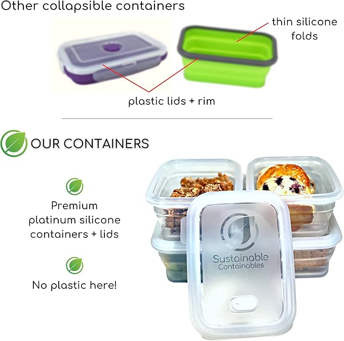 Premium Silicone Collapsible Food Storage Containers with Silicone Leakproof Lids, Platinum Food-Grade, BPA Free, LFGB Certified, Compact, Reusable Lunch Box, Microwave Safe, 4.9 Cups 3 Pk