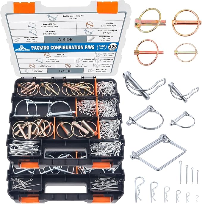 230Pcs Heavy Duty Pin Assortment Kit, Hitch Pins, Clip Pins, Linch and PTO Pins for Truck Towing Mowing, Farm Equipment, Lawn Mowers, 3 Point Accessories Tractor Attachments