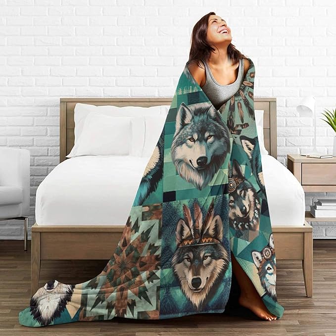 Wolf Cozy Soft Teal Flannel Plush Throw Blanket - Warm Fluffy Wolf Fleece Bedding Stuff Decor - Gifts for Lover Girls Boys Kids Adults Women Bed Travel - 60"x80"