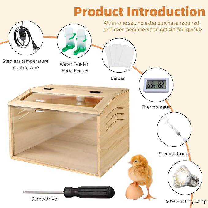 15.74 x 11.81 x 11.81” Chick Brooder Box with Heating Lamp, Poultry Brooder with Heaters, Wooden Brooder Box for Baby Chicks, Ducks, Quail and Birds