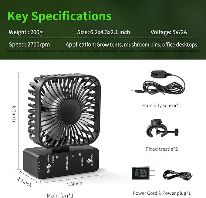 4" Grow Tent Fan with Auto Humidity Control | Quiet Oscillating Ventilation, Real-Time Temp & Humidity Monitoring for Hydroponics, Greenhouses & Indoor Gardens