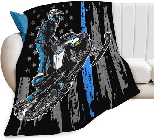 Snowmobile Blanket Gifts for Girls Boys Skiing Sports Throw Blankets Cozy Plush Fleece America Flag Flannel Fuzzy for Men Women 60"X50"