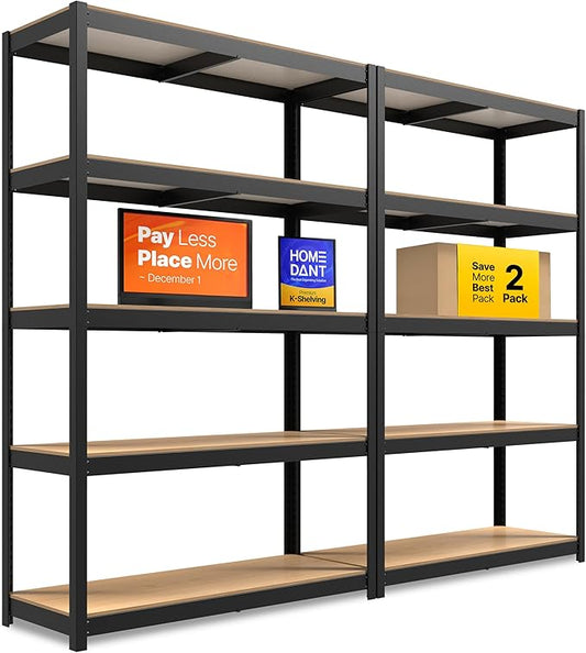 HOMEDANT House 5 Tier Laminated Metal Shelving Unit Adjustable Storage Utility Rack Heavy Duty Shelves Organization Multipurpose Shelf Kitchen Garage Pantry Closet (2, (L) 48.1" W, Black)
