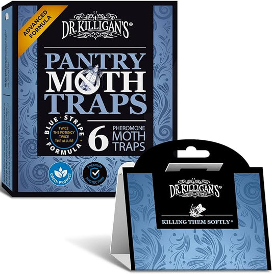 Dr. Killigan's Premium Double Potent Pantry Moth Traps with Pheromones Prime, Indian Meal Moth Traps for House, How to Get Rid of Moths in House (6 Count, Blue)