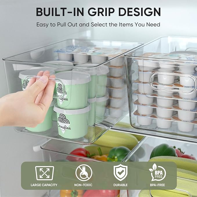 BALEINE Clear Plastic Storage Bins, Pantry Organization, BPA Free Stackable Refrigerator Organizers and Storage with Handles for Kitchen Fridge Cabinet Bathroom (4PK, 9.5x5.5x4.5)