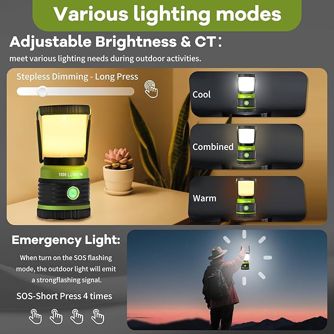 LED Camping Lantern 1800LM Battery Powered Lantern,Waterproof Tent Light with 4 Light Modes, Camping Essentials, Portable Lantern Flashlight for Camping, Emergency Light, Power Outages, Hurricane