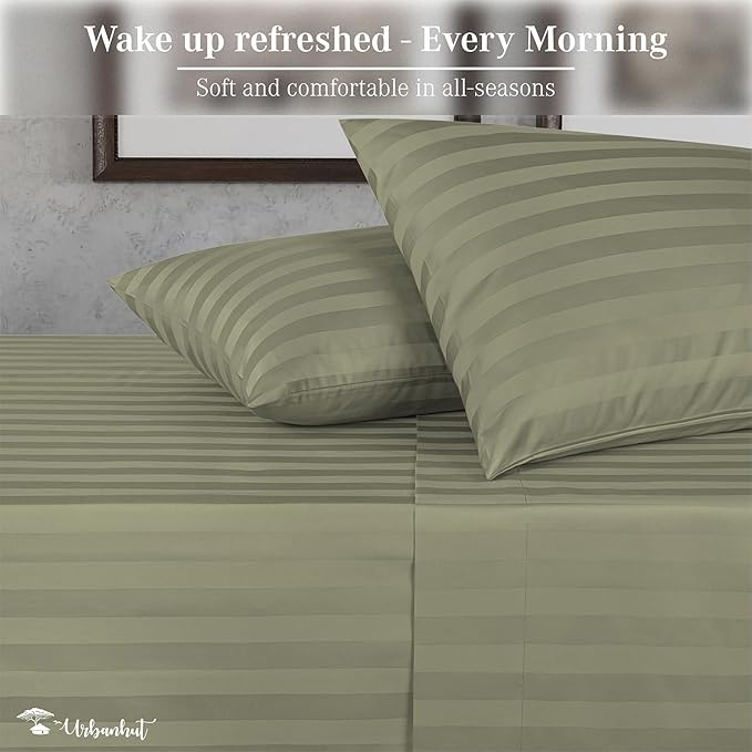 URBANHUT 1000 Thread Count Damask Striped Queen Size Egyptian Cotton Sheets, Long Staple Soft & Breathable, 4 Pc Bed Sheet Sets, Luxury Hotel Sateen Sheets Fits 16" Deep Pocket - Sage